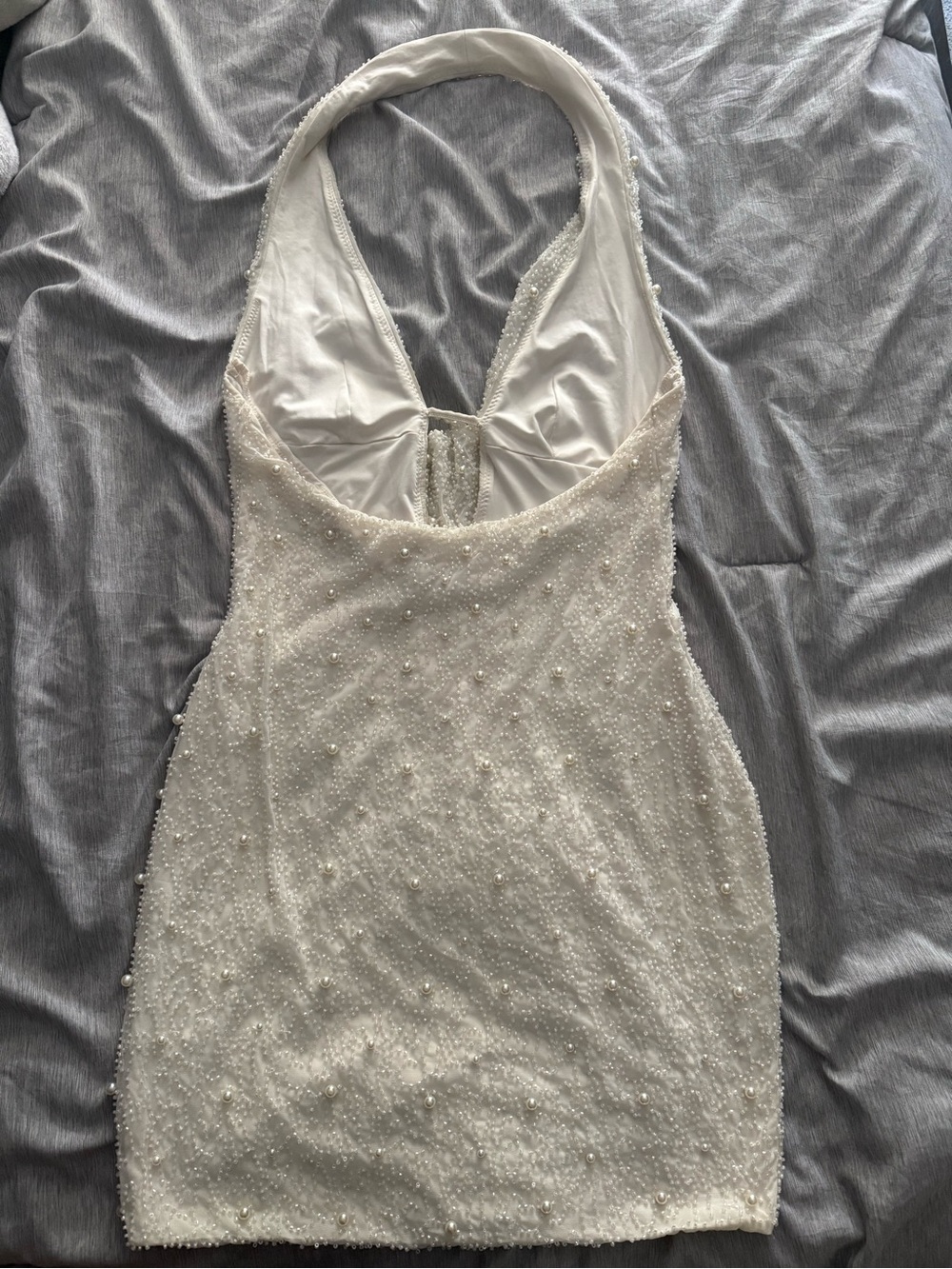 Deep Plunge Embellished Mini Dress in White- Oh Polly - Picture 3 of 3